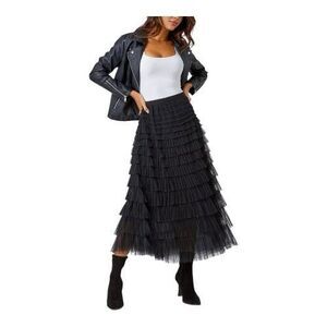 Women’s Black Tulle Ruffle Tiered Fairy Goth Whimsigoth Midi Skirt Size Large
